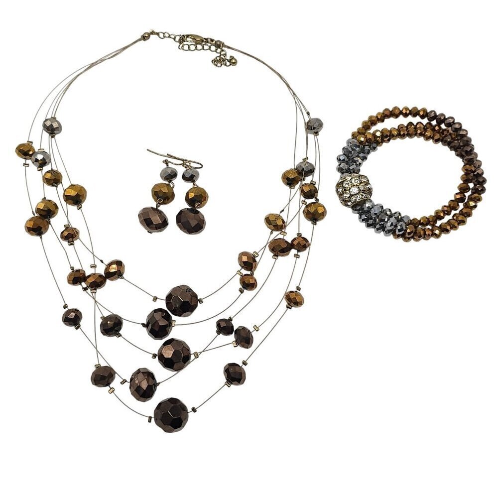 Gold Bronze Multi Strand Bead Necklace Matching Earrings Stretch Bracelet